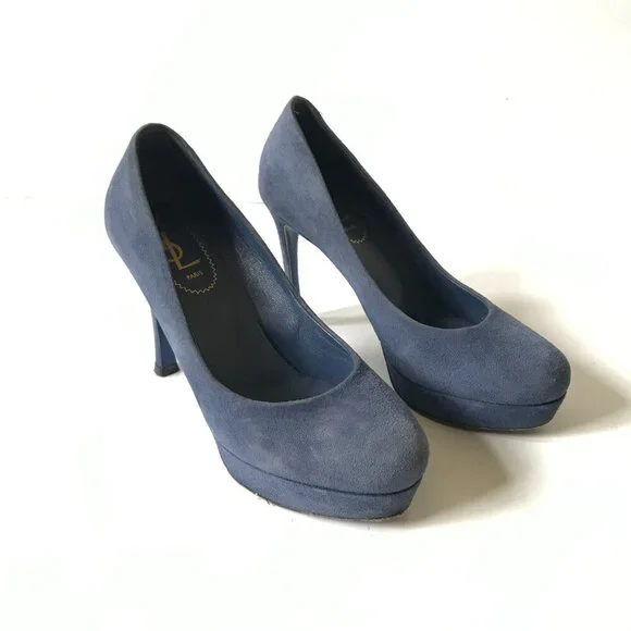 YSL Palais Platform Heels Pumps Womens 37.5 7.5 Blue Suede Yves Saint Laurent - Picture 2 of 7